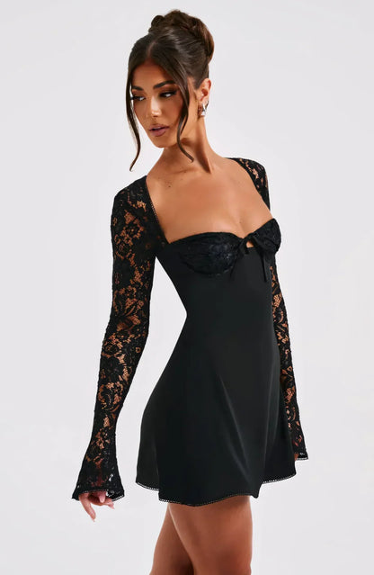 Women's Lace Square Neck Long Sleeve Mini Dress