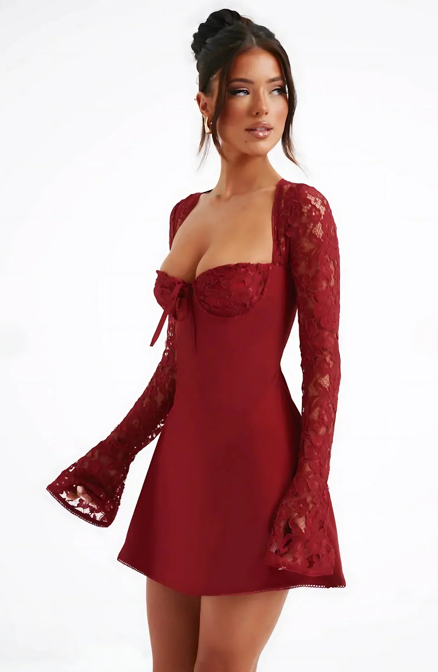 Women's Lace Square Neck Long Sleeve Mini Dress