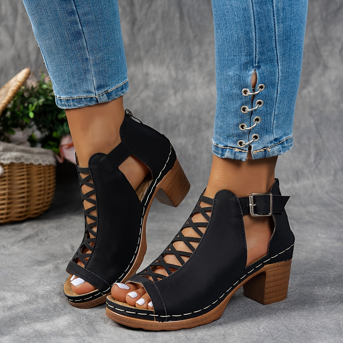 Black suede lace-up platform block heel sandals with wooden heel
