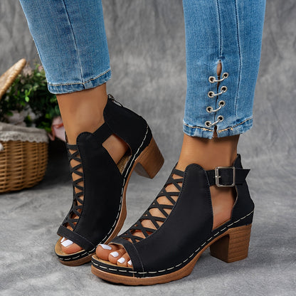 Black suede lace-up platform block heel sandals with wooden heel
