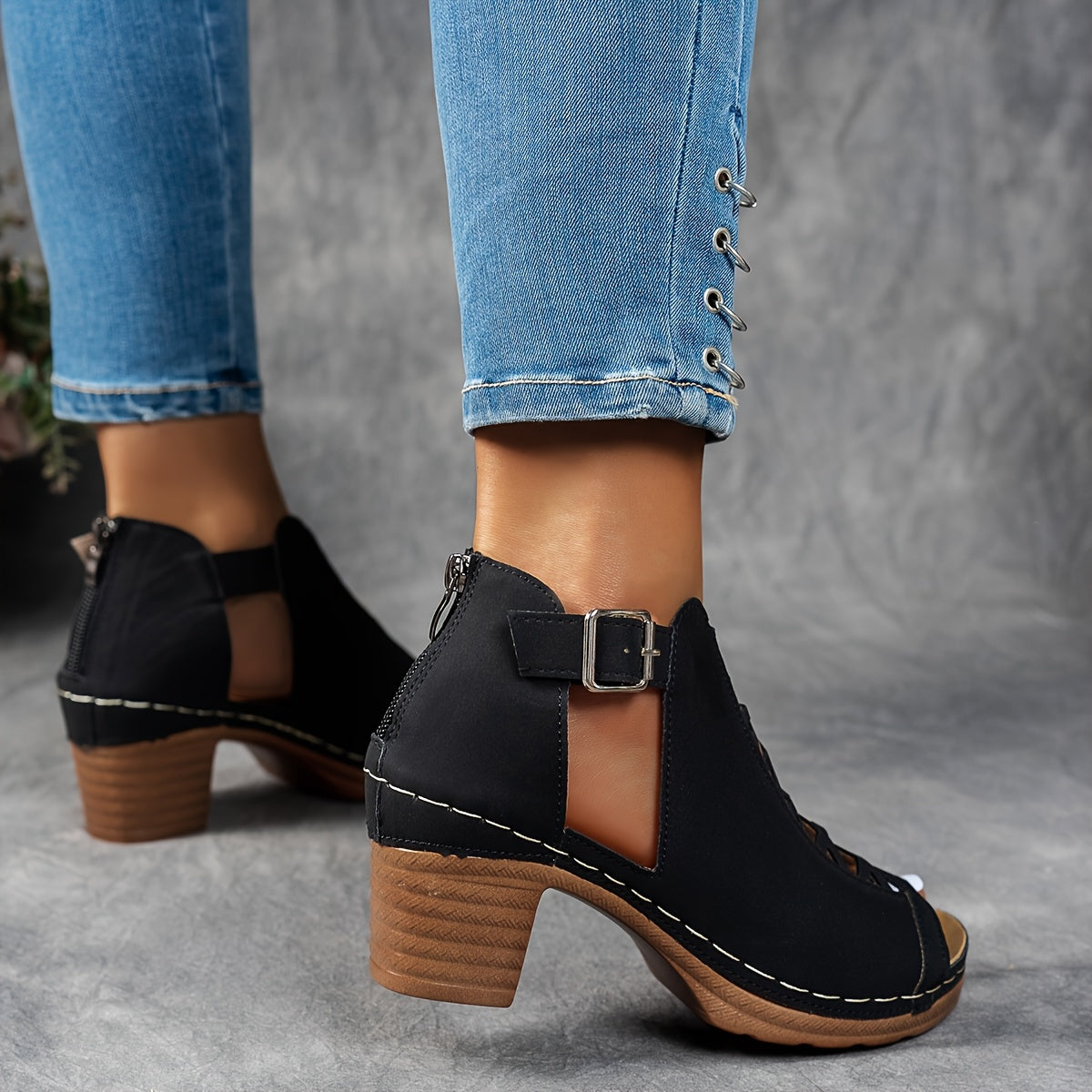 Black lace-up platform block heel sandals with buckle closure detail