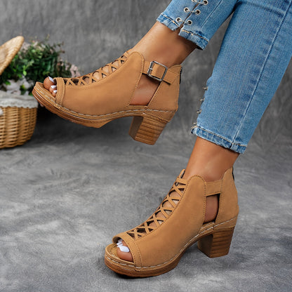 Tan leather lace-up platform block heel sandals with peep toe
