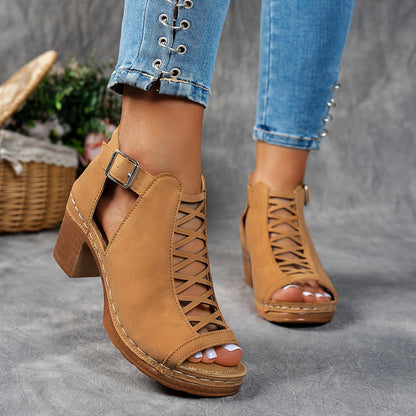 Tan lace-up platform block heel sandals with buckle strap worn view