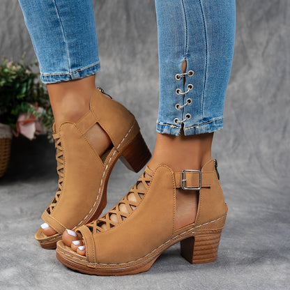 Tan lace-up platform block heel sandals with buckle strap detail