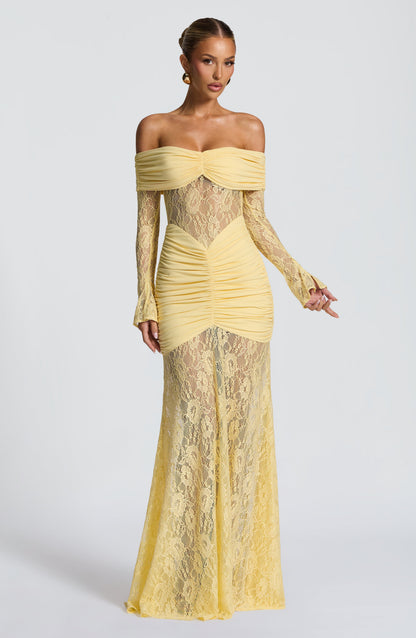 Women's Lemon Ruched Long Sleeve Flare Maxi Dress