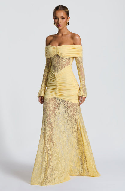 Women's Lemon Ruched Long Sleeve Flare Maxi Dress