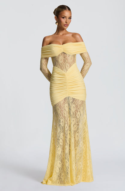 Women's Lemon Ruched Long Sleeve Flare Maxi Dress