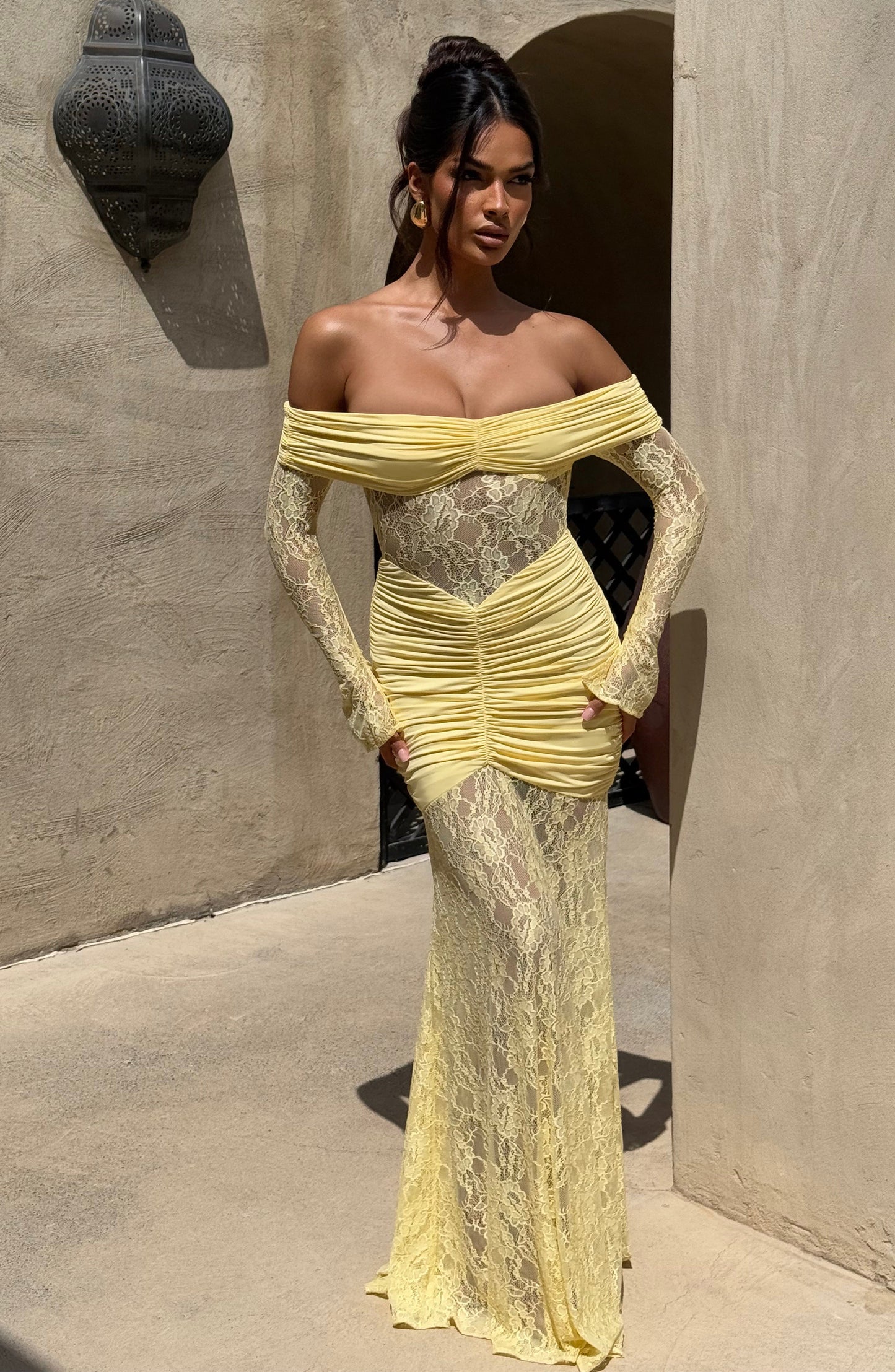 Women's Lemon Ruched Long Sleeve Flare Maxi Dress