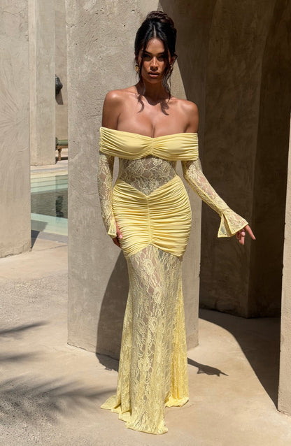 Women's Lemon Ruched Long Sleeve Flare Maxi Dress