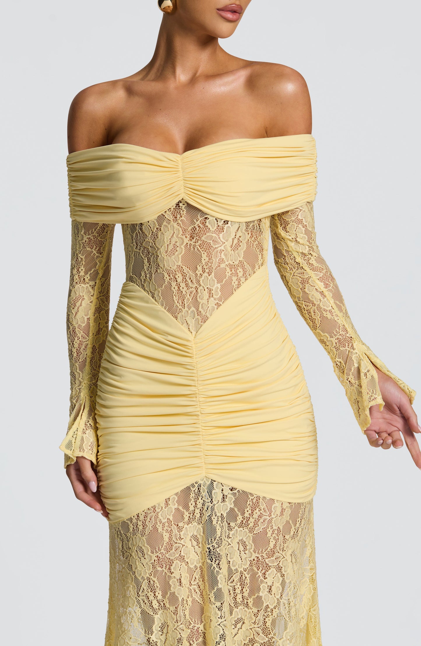 Women's Lemon Ruched Long Sleeve Flare Maxi Dress