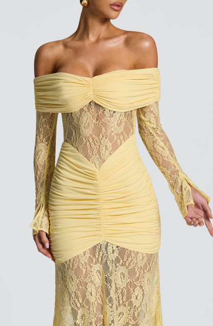 Women's Lemon Ruched Long Sleeve Flare Maxi Dress