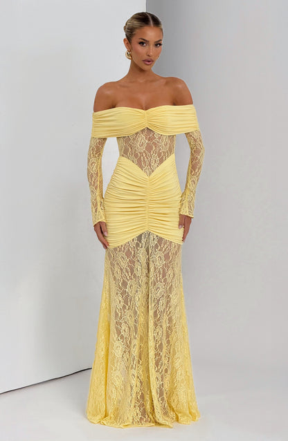 Women's Lemon Ruched Long Sleeve Flare Maxi Dress