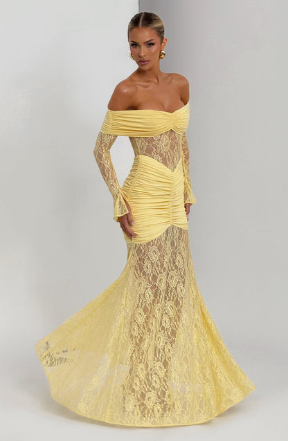 Women's Lemon Ruched Long Sleeve Flare Maxi Dress
