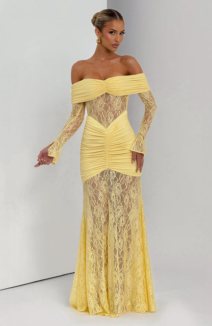 Women's Lemon Ruched Long Sleeve Flare Maxi Dress