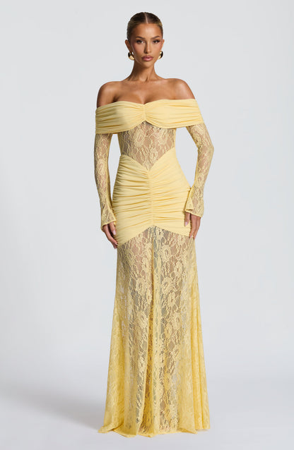 Women's Lemon Ruched Long Sleeve Flare Maxi Dress