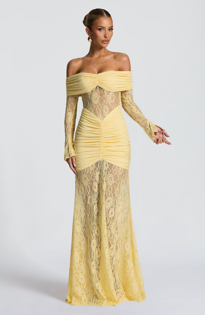 Women's Lemon Ruched Long Sleeve Flare Maxi Dress