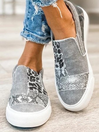 Women leopard mixed print canvas slip-on sneakers with gray and white color blocking
