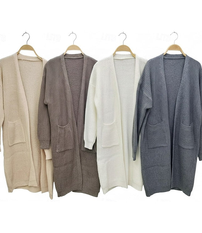 Women's Long Black Ribbed Knit Open Front Duster Cardigan