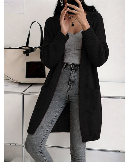 Women's Long Black Ribbed Knit Open Front Duster Cardigan