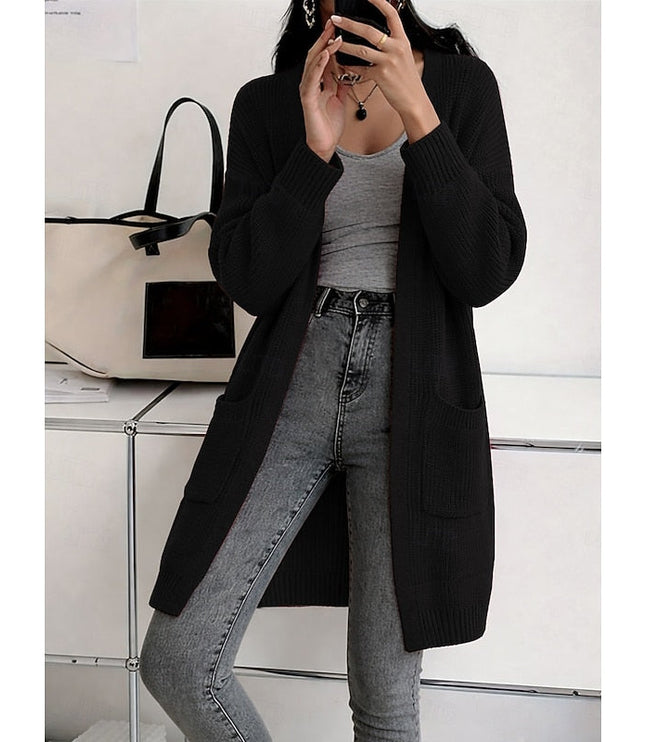 Women's Long Black Ribbed Knit Open Front Duster Cardigan