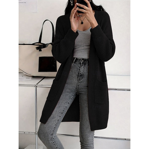 Women's Long Black Ribbed Knit Open Front Duster Cardigan