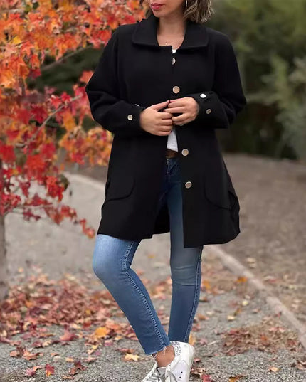 Women's Long Fall Coat with Patch Pocket, Oversized and Buttoned