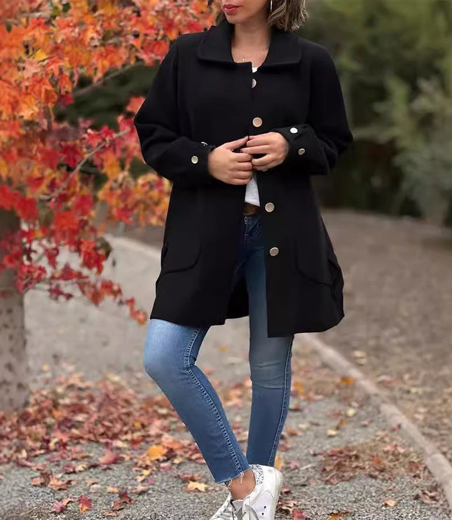 Women's Long Fall Coat with Patch Pocket, Oversized and Buttoned