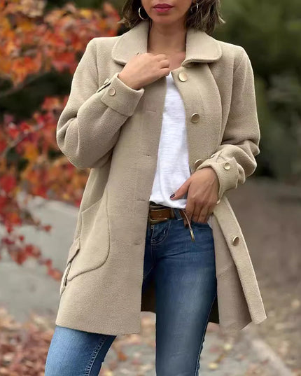 Women's Long Fall Coat with Patch Pocket, Oversized and Buttoned