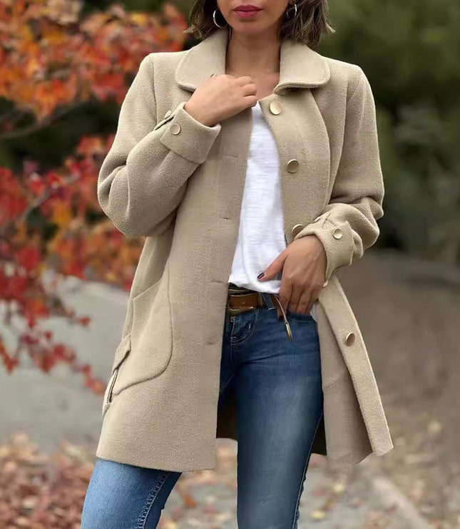 Women's Long Fall Coat with Patch Pocket, Oversized and Buttoned