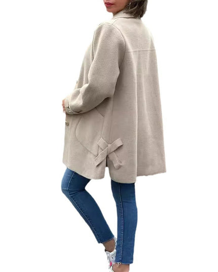 Women's Long Fall Coat with Patch Pocket, Oversized and Buttoned