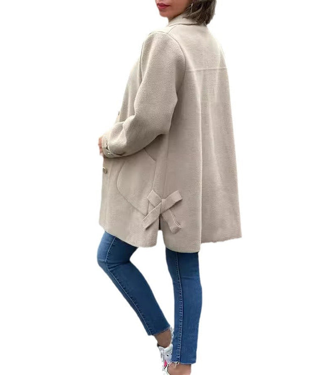 Women's Long Fall Coat with Patch Pocket, Oversized and Buttoned