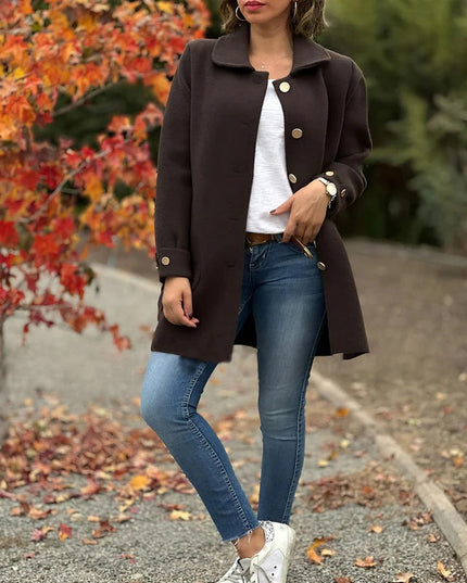 Women's Long Fall Coat with Patch Pocket, Oversized and Buttoned