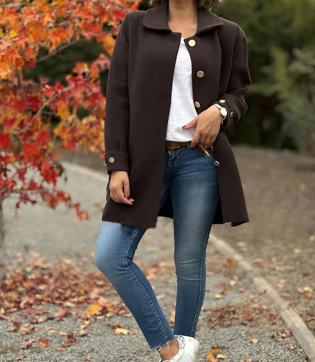 Women's Long Fall Coat with Patch Pocket, Oversized and Buttoned