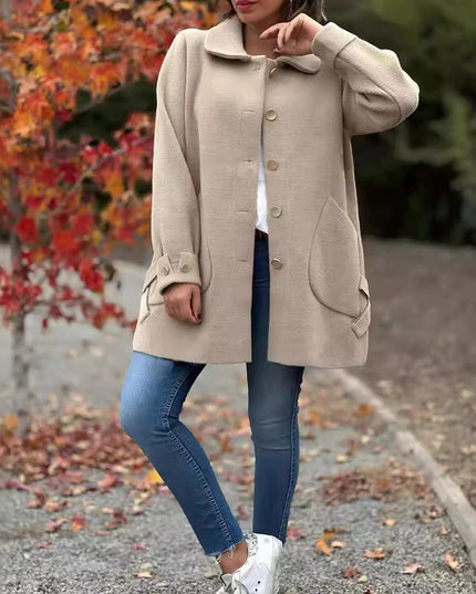 Women's Long Fall Coat with Patch Pocket, Oversized and Buttoned