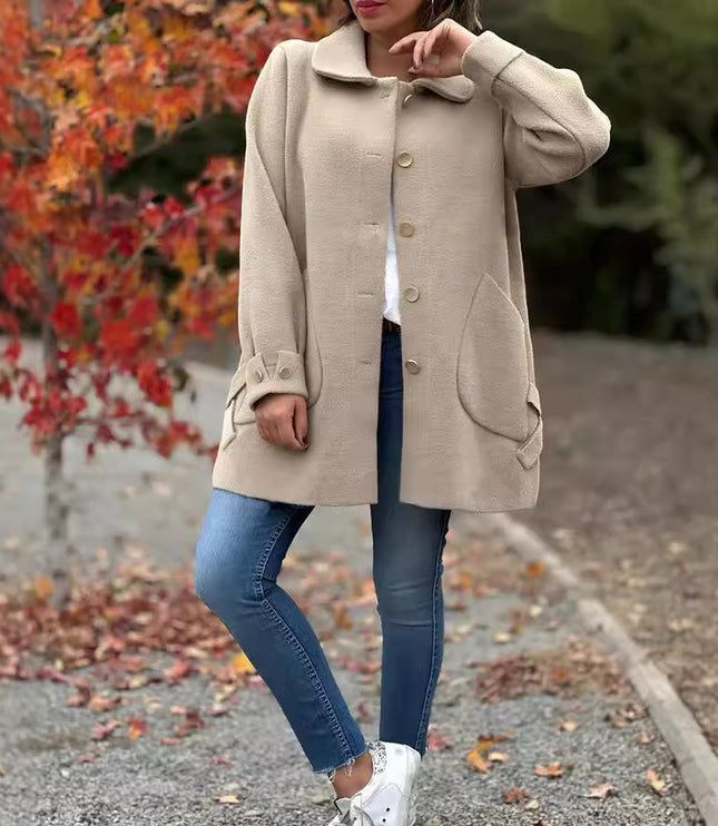 Women's Long Fall Coat with Patch Pocket, Oversized and Buttoned