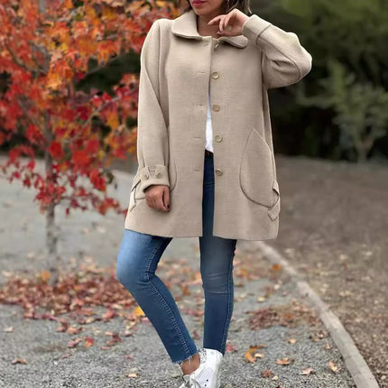 Women's Long Fall Coat with Patch Pocket, Oversized and Buttoned