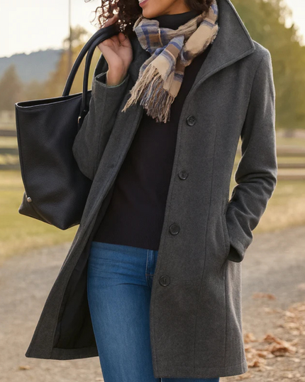 Women's Long Fall Winter Coat with Classic Button Front