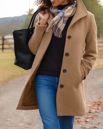 Women's Long Fall Winter Coat with Classic Button Front