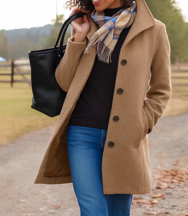 Women's Long Fall Winter Coat with Classic Button Front