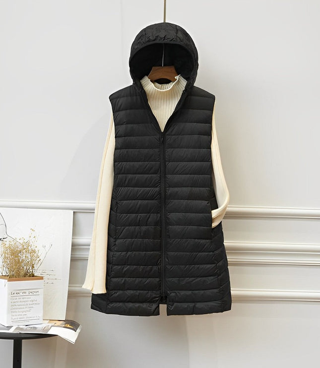 Women's Long Hooded Sleeveless Quilted Puffer Vest