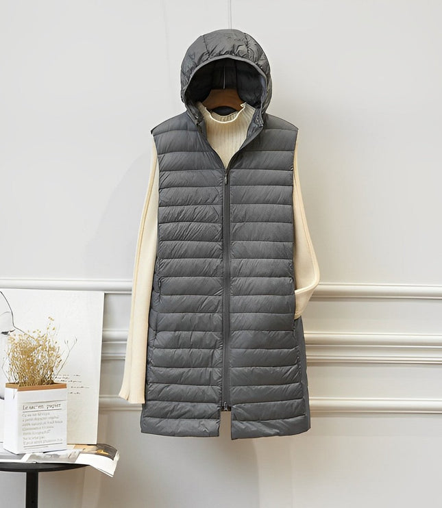Women's Long Hooded Sleeveless Quilted Puffer Vest