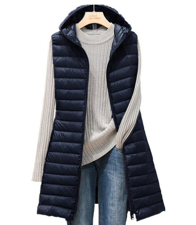Women's Long Hooded Sleeveless Quilted Puffer Vest