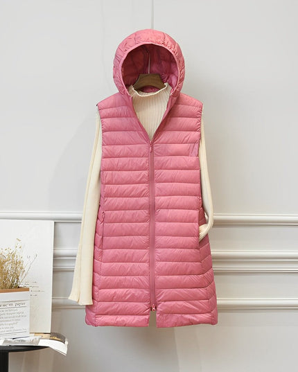 Women's Long Hooded Sleeveless Quilted Puffer Vest