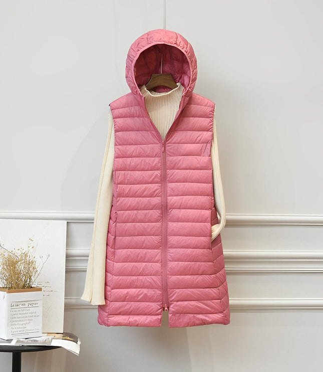 Women's Long Hooded Sleeveless Quilted Puffer Vest