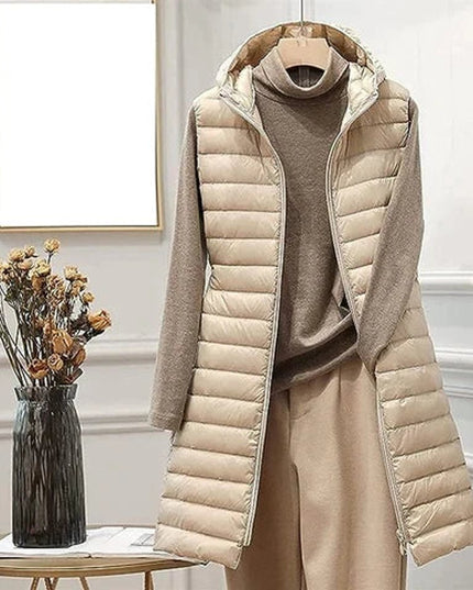 Women's Long Hooded Sleeveless Quilted Puffer Vest