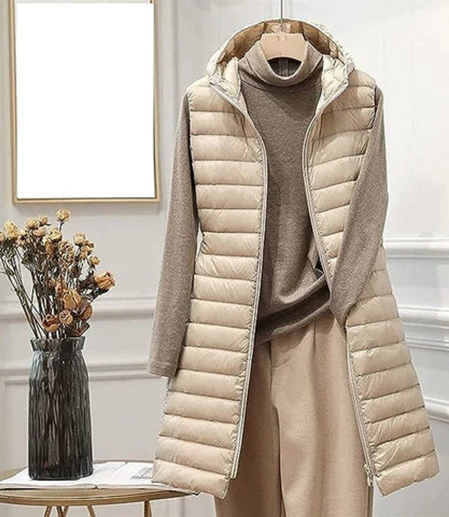 Women's Long Hooded Sleeveless Quilted Puffer Vest
