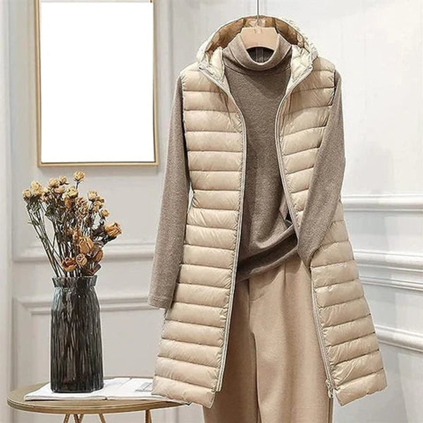 Women's Long Hooded Sleeveless Quilted Puffer Vest
