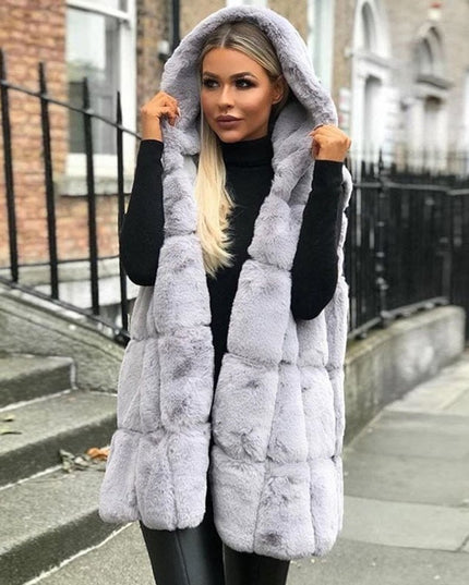 Women's Long Quilted Puffer Vest, Hooded Faux Fur