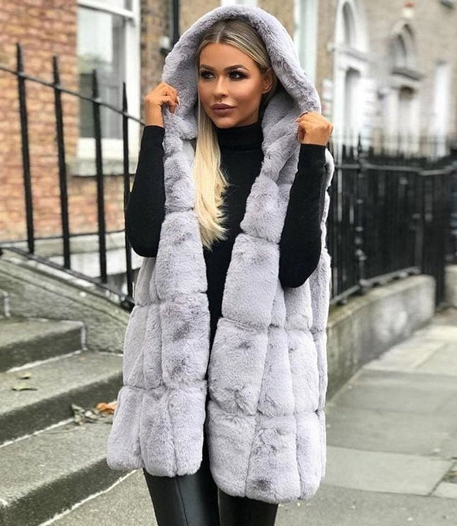 Women's Long Quilted Puffer Vest, Hooded Faux Fur