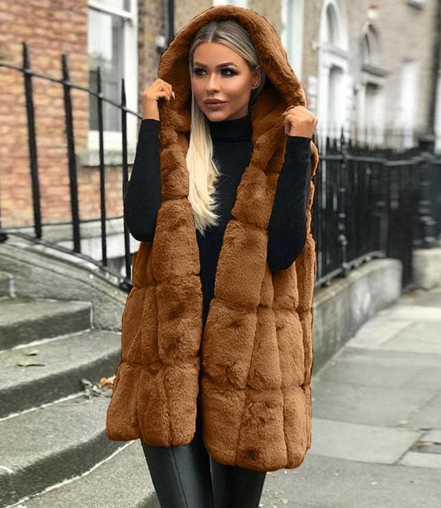 Women's Long Quilted Puffer Vest, Hooded Faux Fur